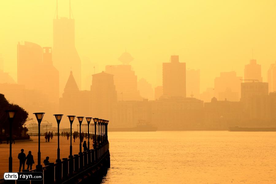 Shanghai's River and Bund Skyline in Heavy Air Pollution