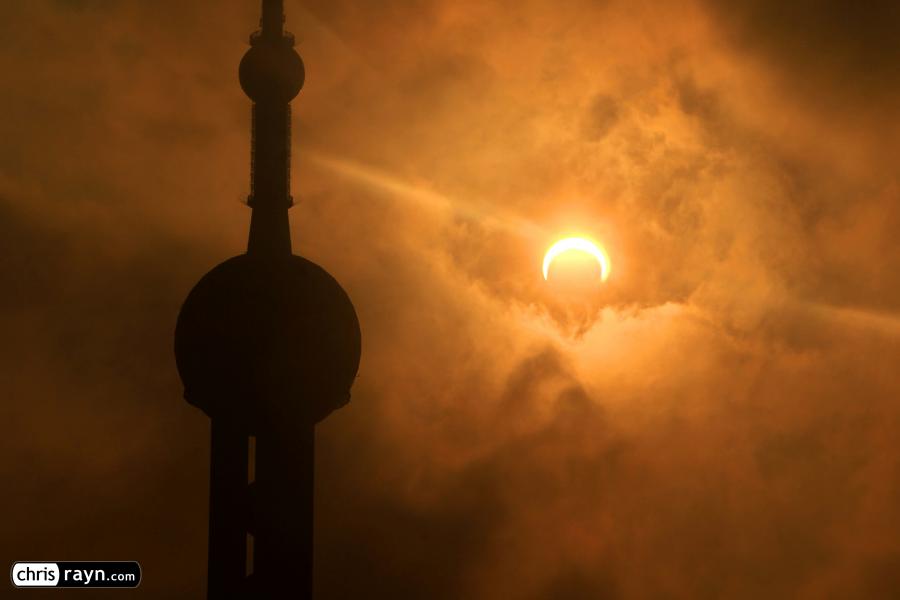Shanghai's Oriental Pearl Tower during Solar Eclipse
