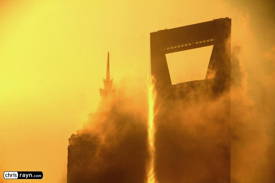 The skyscrapers of Shanghai shrouded in sunlight